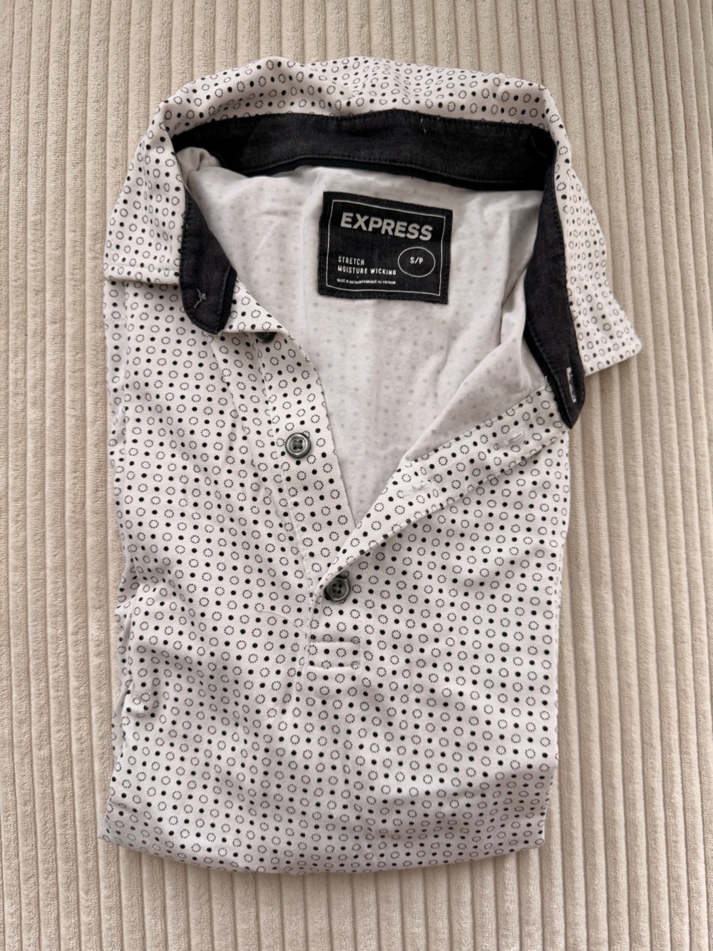 Express Men’s White Button-Down Shirt with Black Micro Dot Pattern